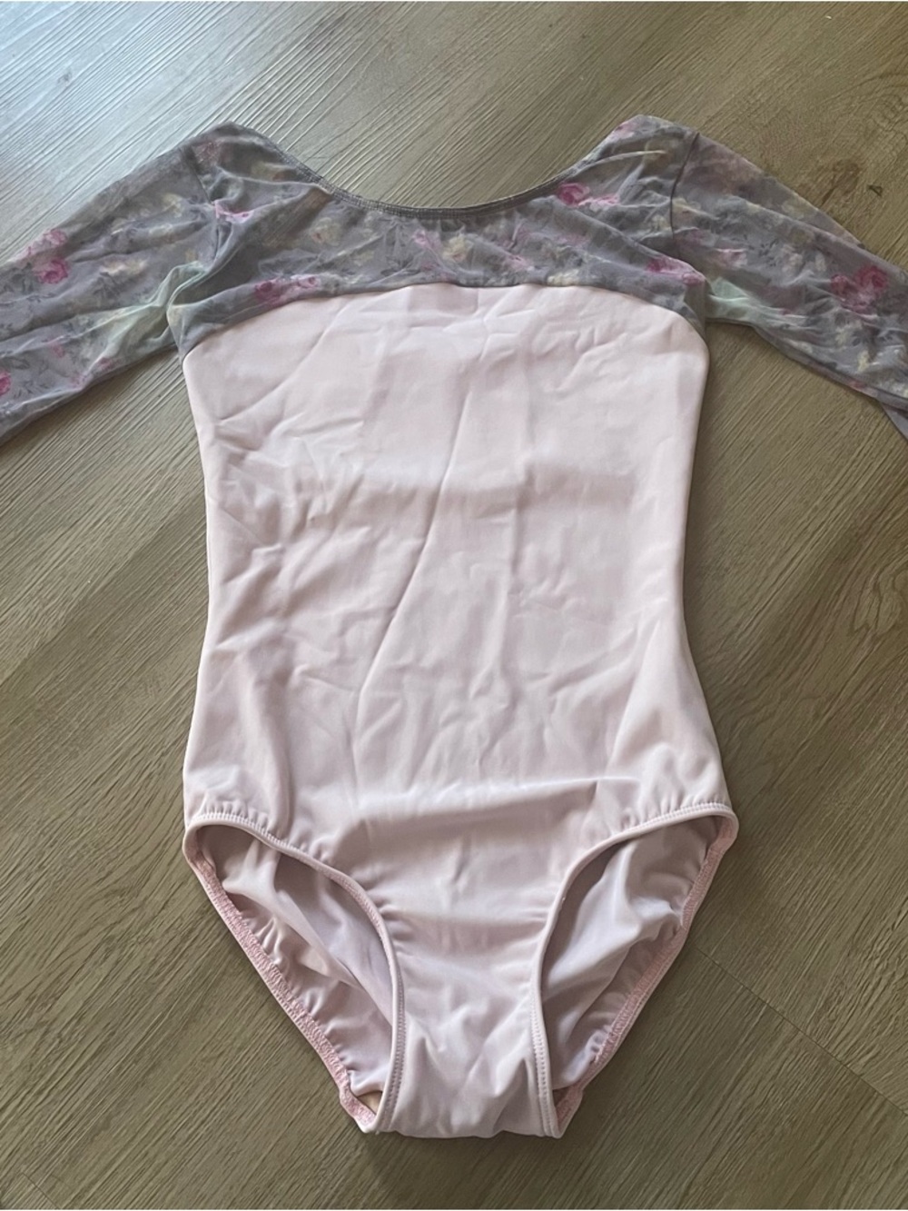 Eleve Light Pink Ballet Leotard with Floral Mesh Sleeves Small